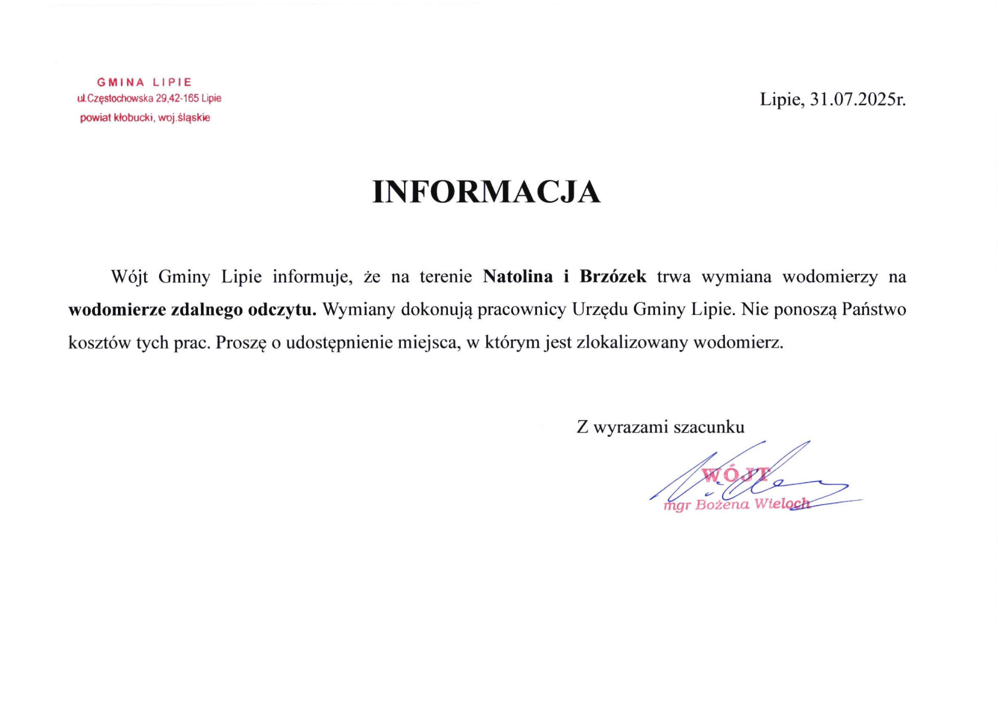 Informacja Wójta Gminy Lipie
