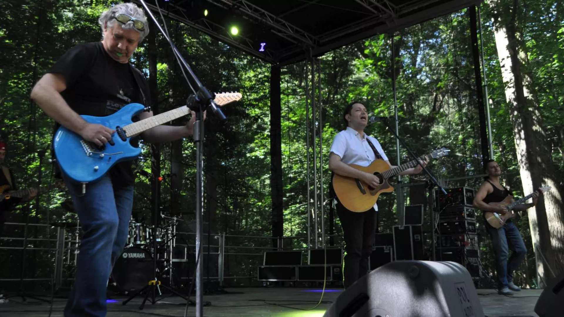 Koncert Gabriela Fleszara z zespołem na scenie w parku w Parzymiechach.