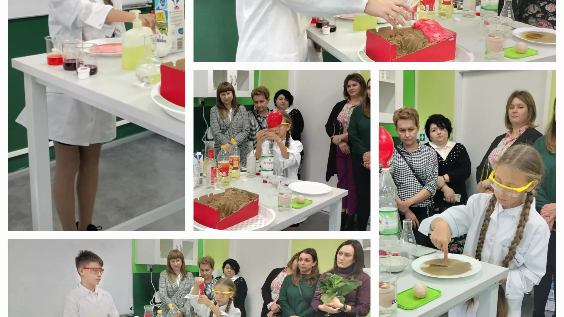 Kolaż zdjęć z uroczystości otwarcia zielonej pracowni w szkole w Lindowie.