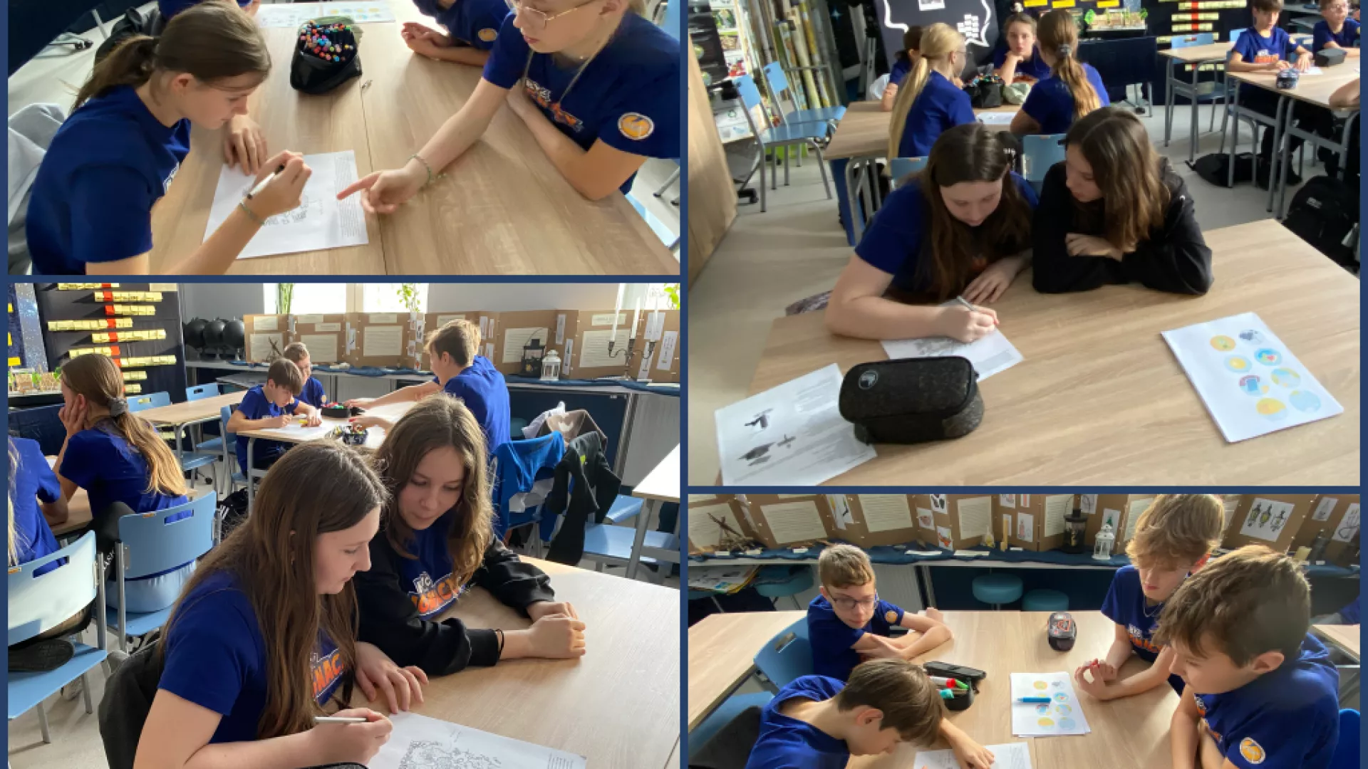 Kolaż czterech zdjęć przedstawiający uczniów rozwiązujących zadania