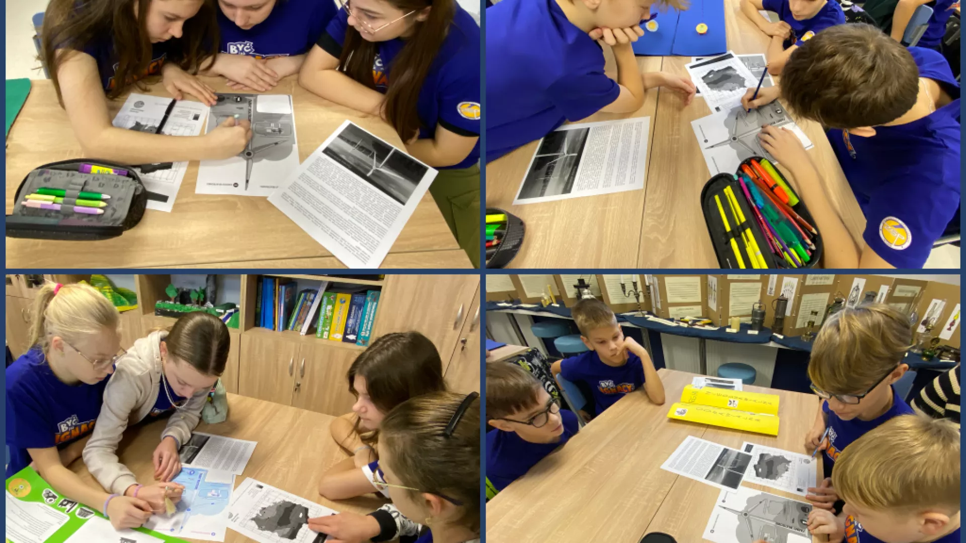 Kolaż czterech zdjęć przedstawiający uczniów uzupełniających karty pracy