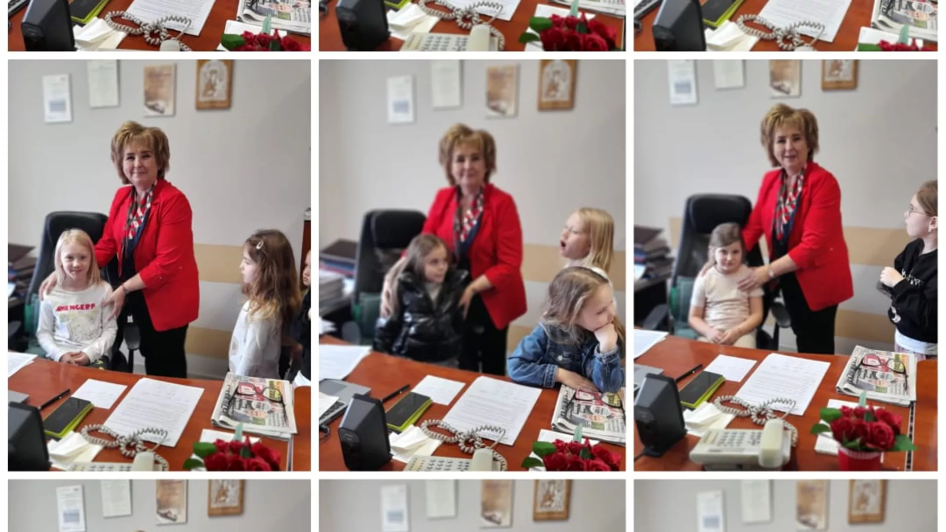 Kolaż zdjęć przedszkolaków w gabinecie Wójta Gminy Lipie 