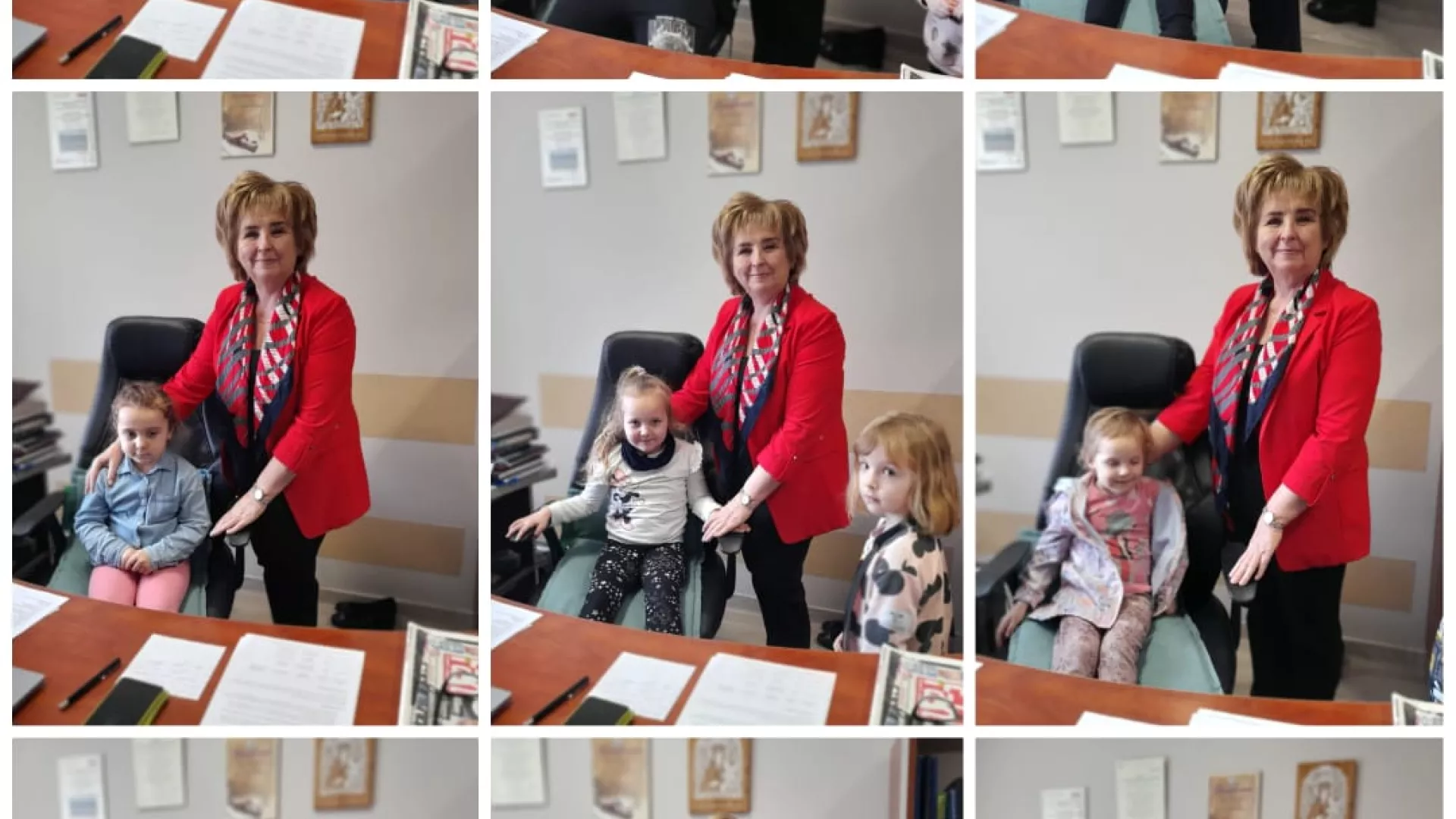 Kolaż zdjęć przedszkolaków w gabinecie Wójta Gminy Lipie 