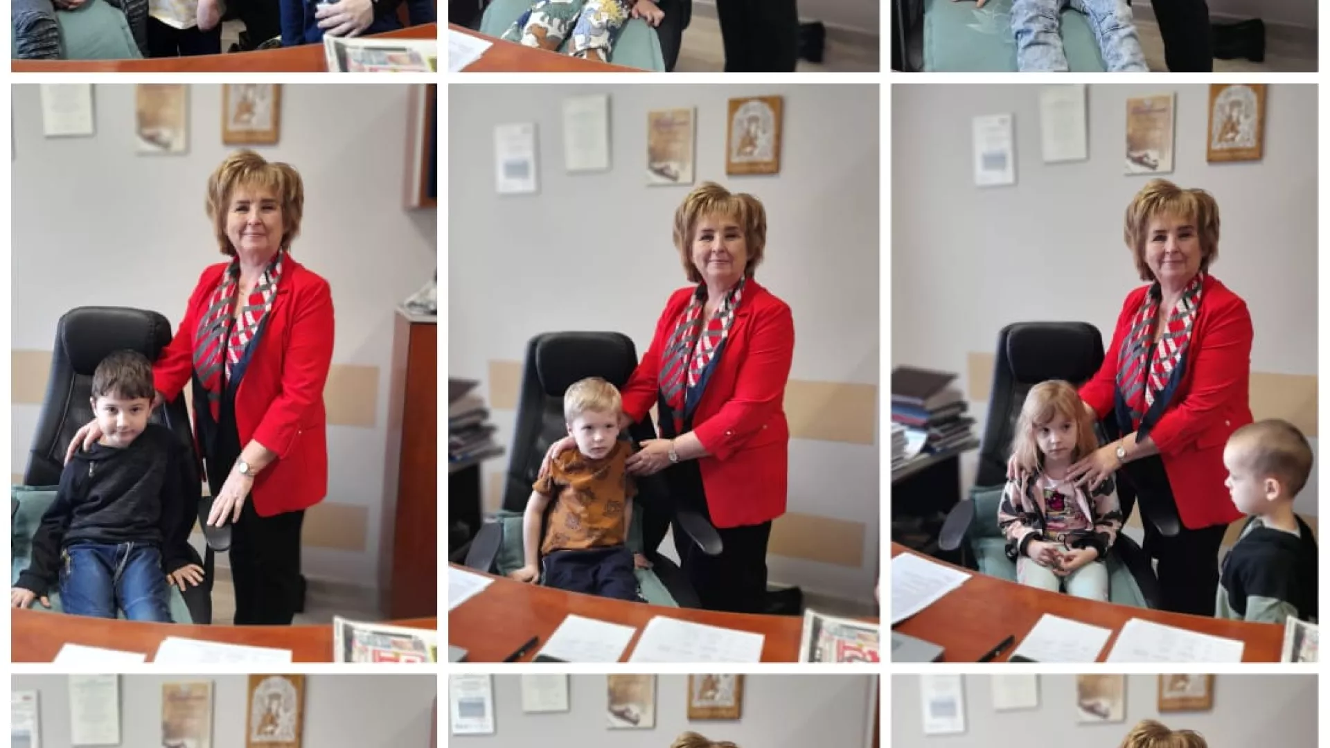 Kolaż zdjęć przedszkolaków w gabinecie Wójta Gminy Lipie 