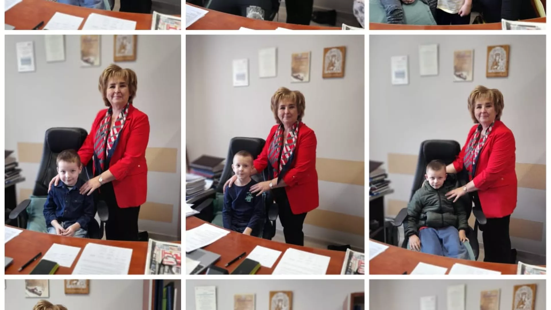 Kolaż zdjęć przedszkolaków w gabinecie Wójta Gminy Lipie 