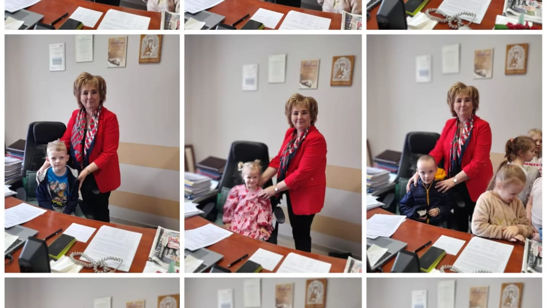 Kolaż zdjęć przedszkolaków w gabinecie Wójta Gminy Lipie 