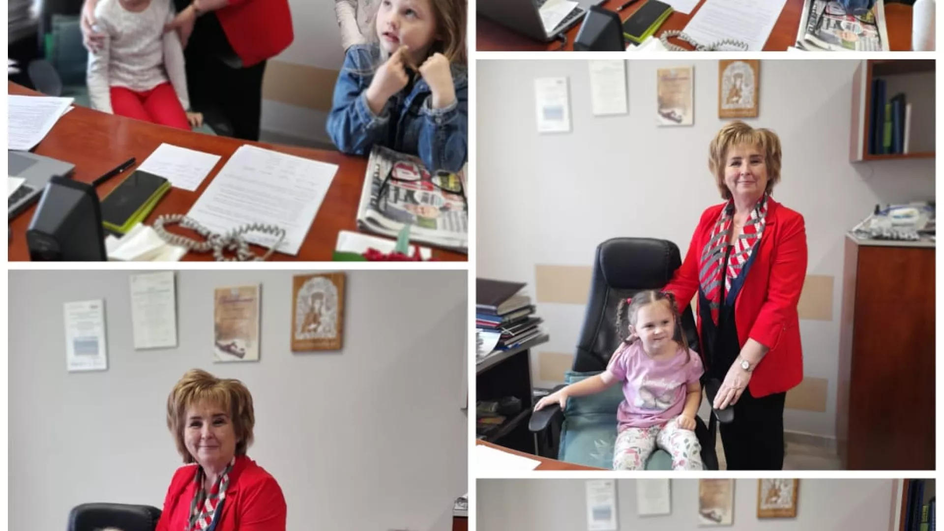 Kolaż zdjęć przedszkolaków w gabinecie Wójta Gminy Lipie 