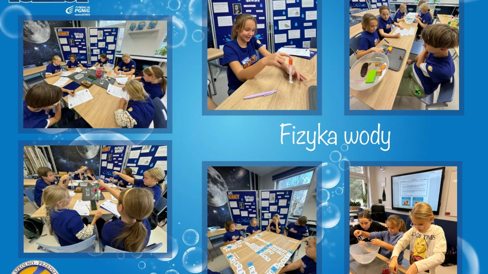 Kolaż 6 zdjęć uczniów wykonujących doświadczenia