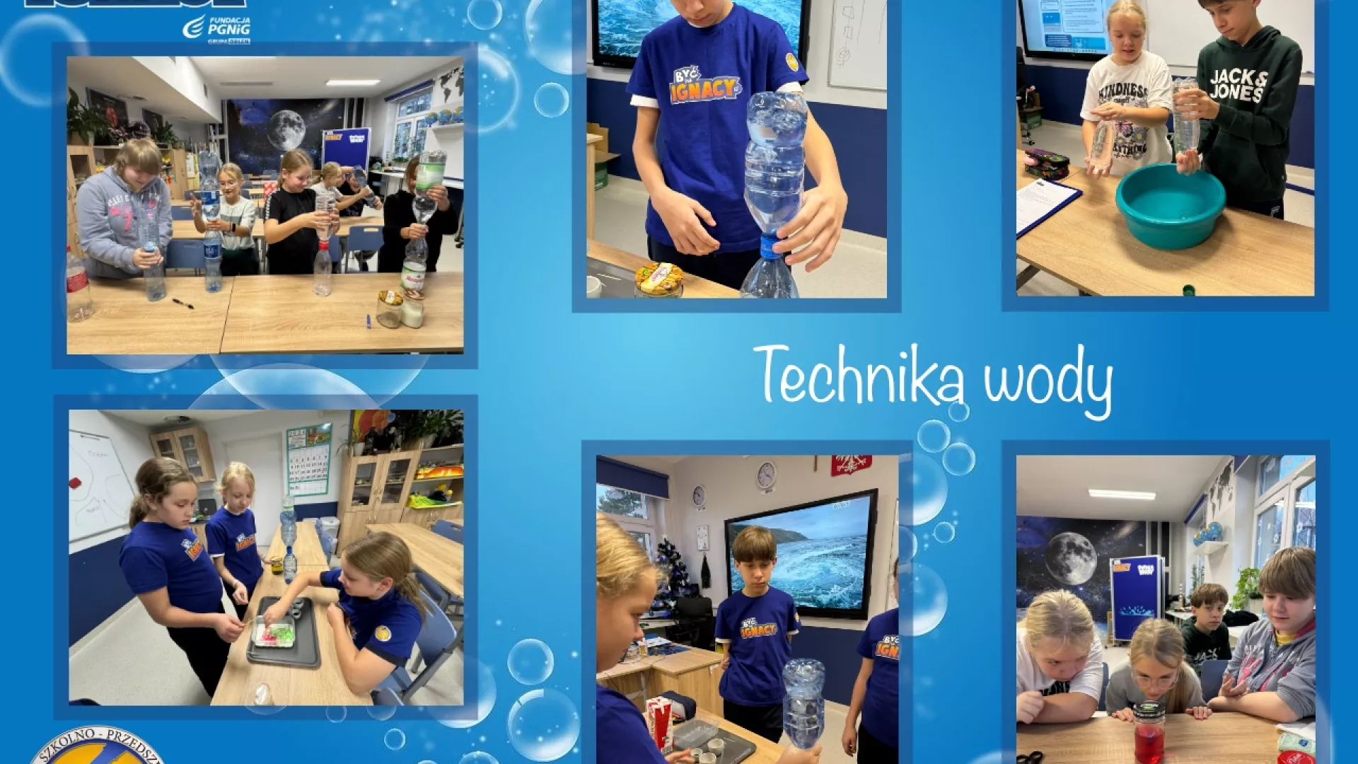 Kolaż 6 zdjęć uczniów wykonujących doświadczenia 1