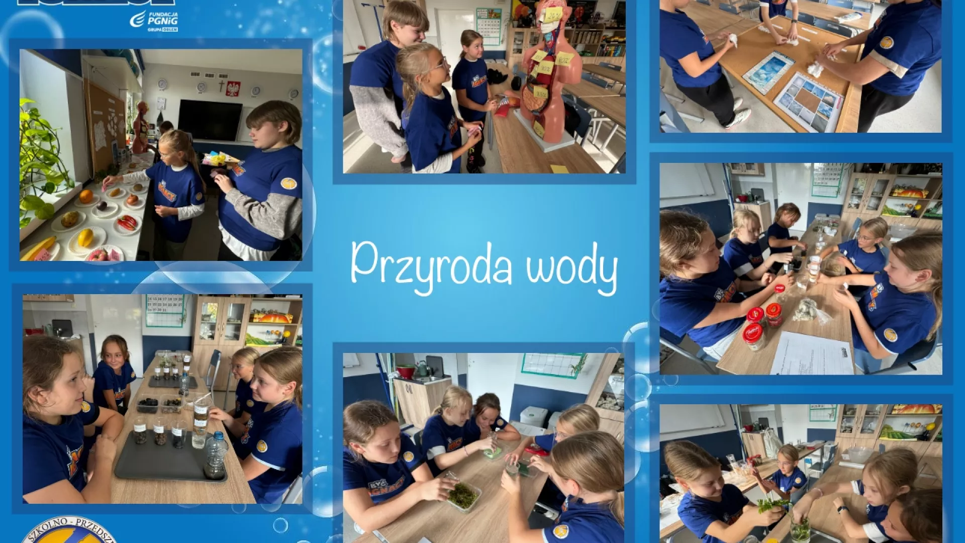 Kolaż 7 zdjęć uczniów wykonujących doświadczenia 2