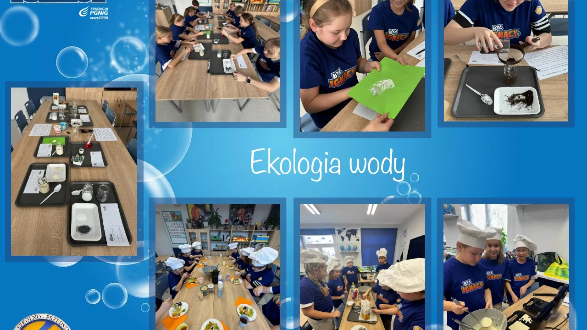 Kolaż 7 zdjęć uczniów wykonujących doświadczenia 3