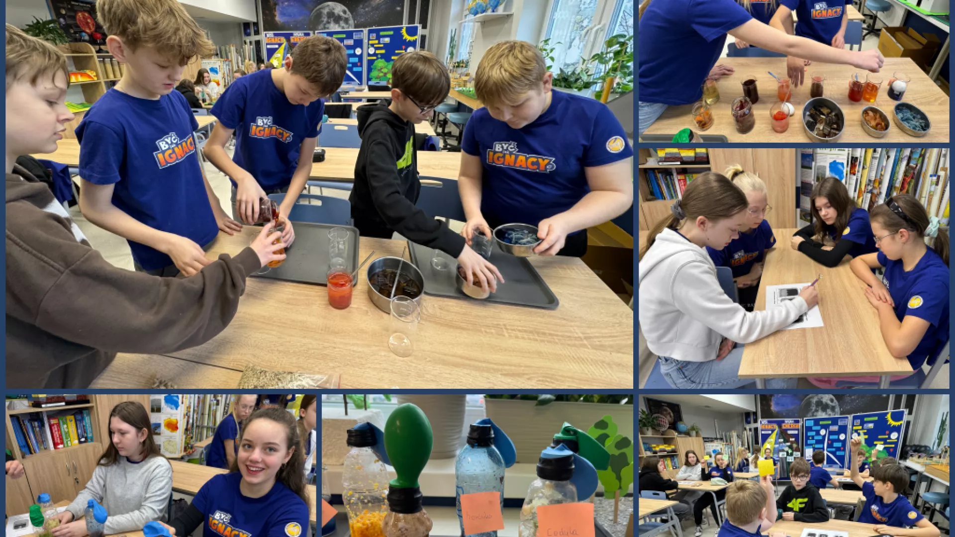 Kolaż czterech zdjęć przedstawiający uczniów wykonujących doświadczenia