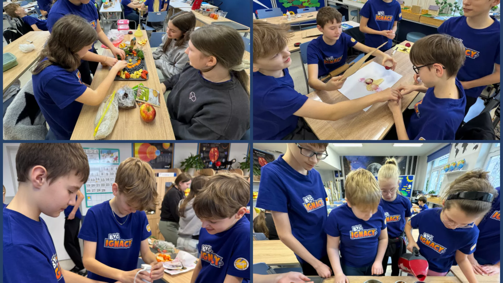 Kolaż czterech zdjęć przedstawiający uczniów wykonujących doświadczenie z biomasą