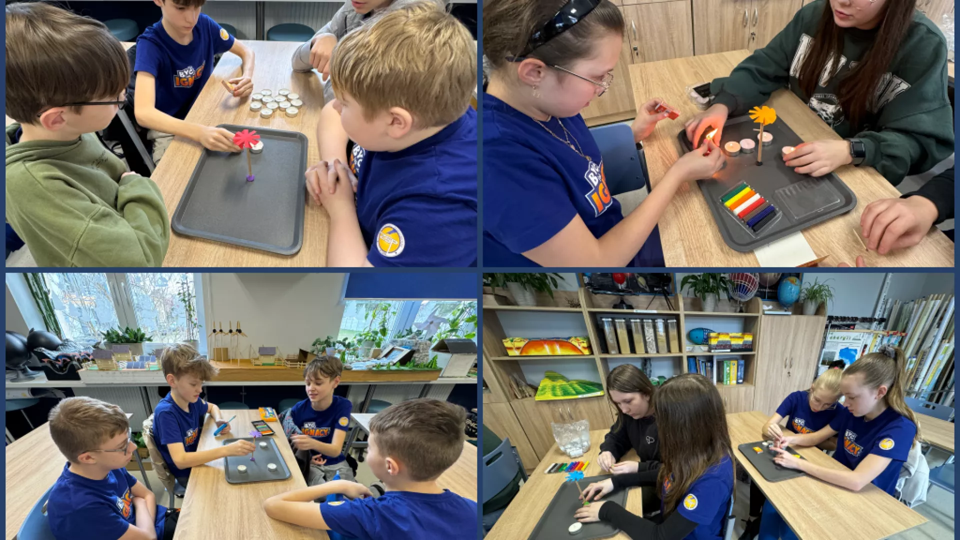 Kolaż czterech zdjęć przedstawiający uczniów wykonujących doświadczenie