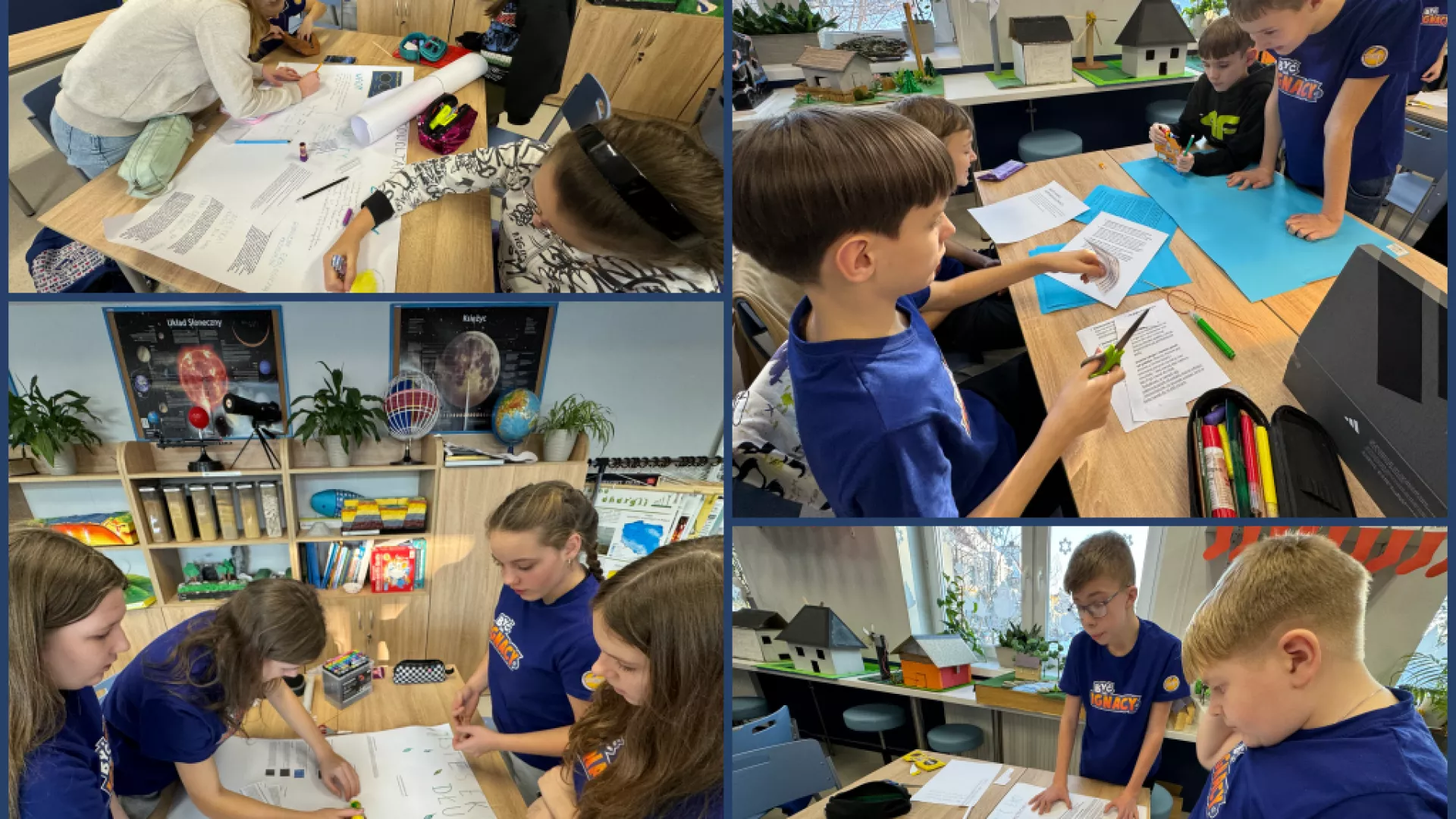 Kolaż czterech zdjęć przedstawiający uczniów wykonujących plakat reklamujący fotowoltaikę
