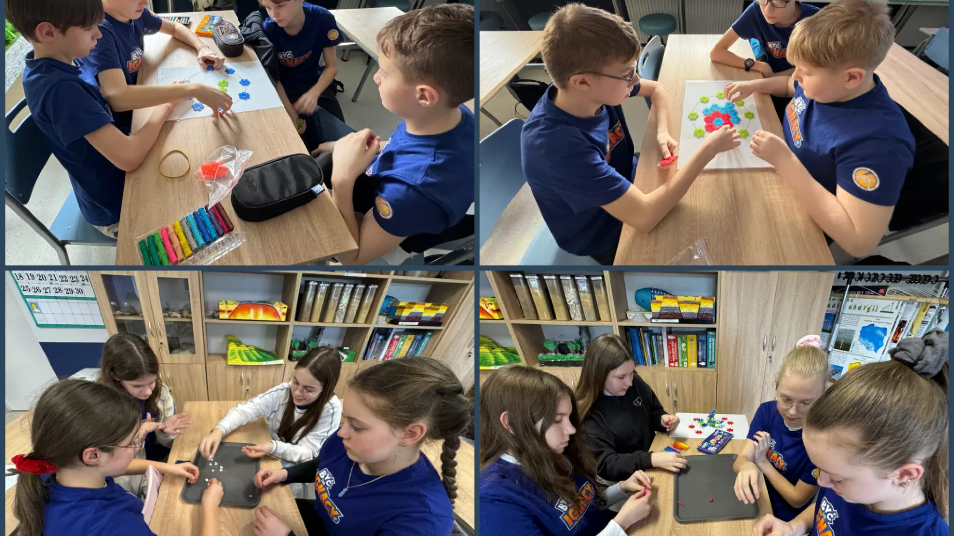 Kolaż czterech zdjeć, na któych uczniowie budują model atomu i reakcja łańcuchowa