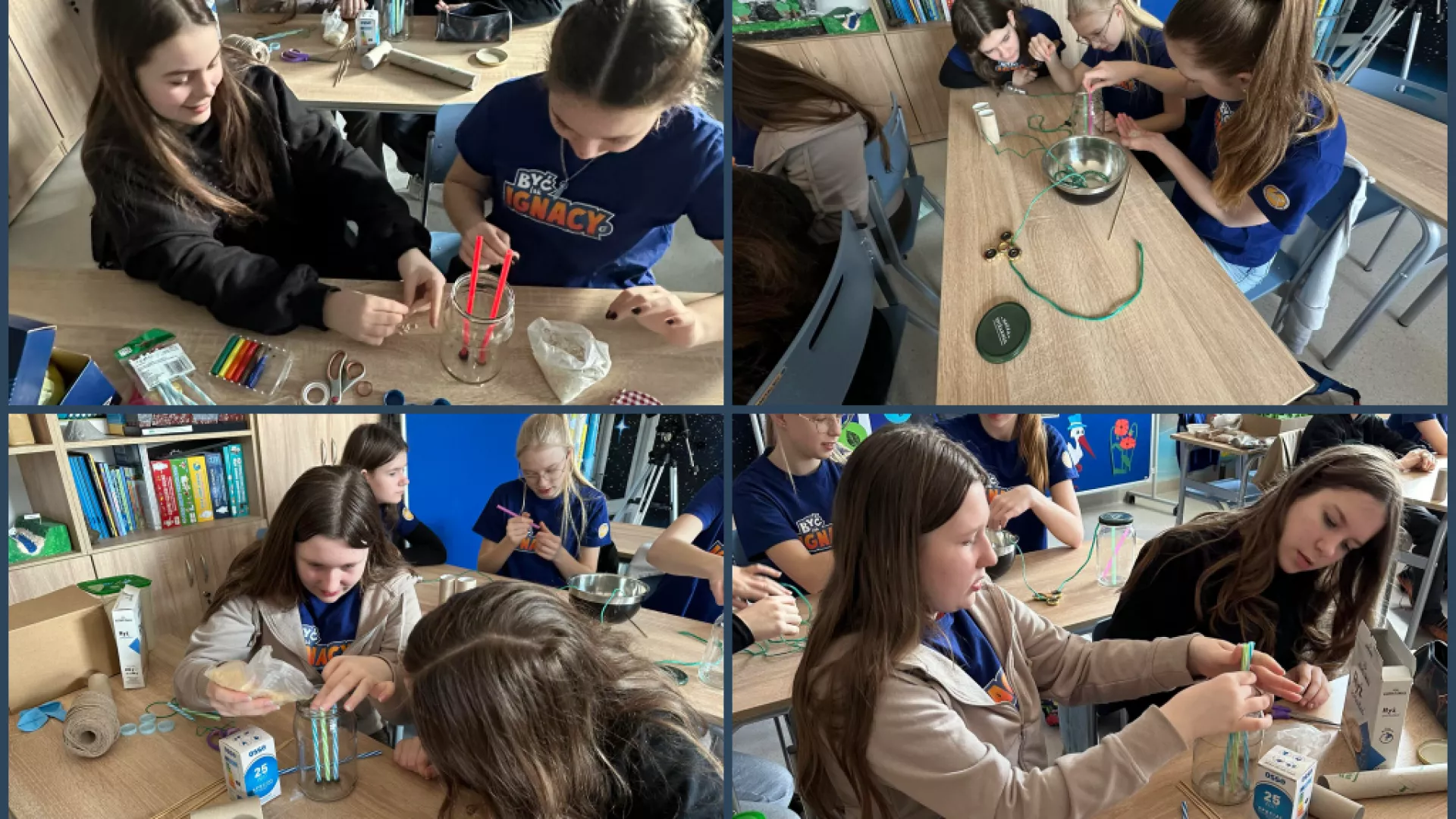 Kolaż czterech zdjeć, na któych uczniowie budują model elektrowni atomowej