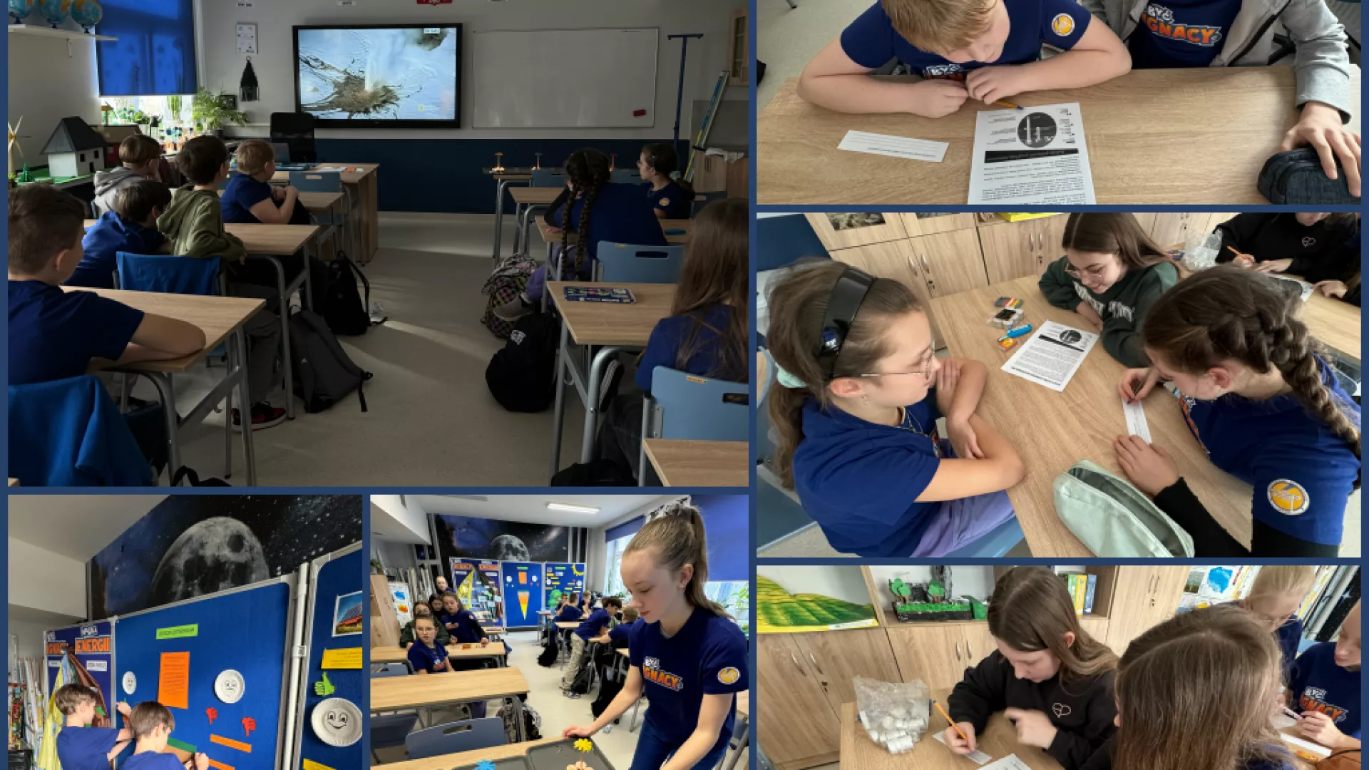 Kolaż sześciu zdjęć przedstawiający uczniów podczas pracy na zajęciach koła naukowego