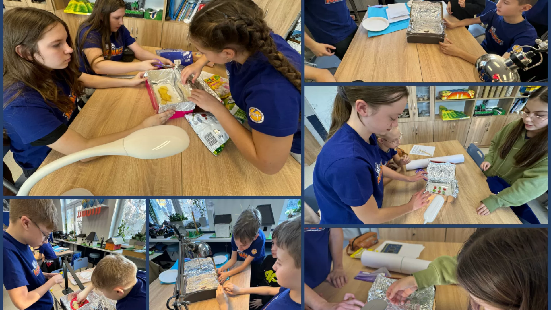 Kolaż sześciu zdjęć przedstawiający uczniów wykonujących doświadczenia