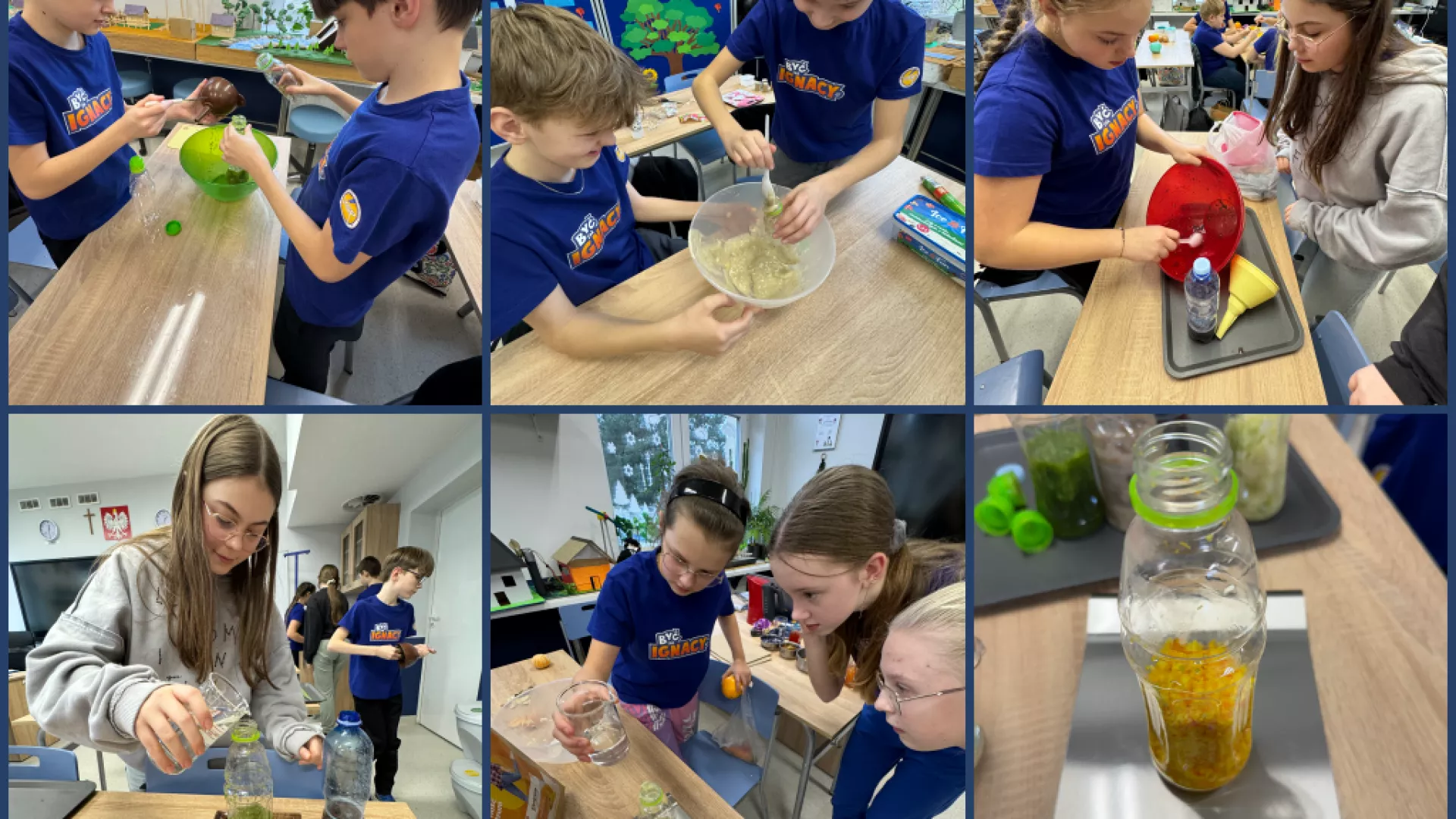 Kolaż sześciu zdjęć przedstawiający uczniów wykonujących doświadczenie z biomasą