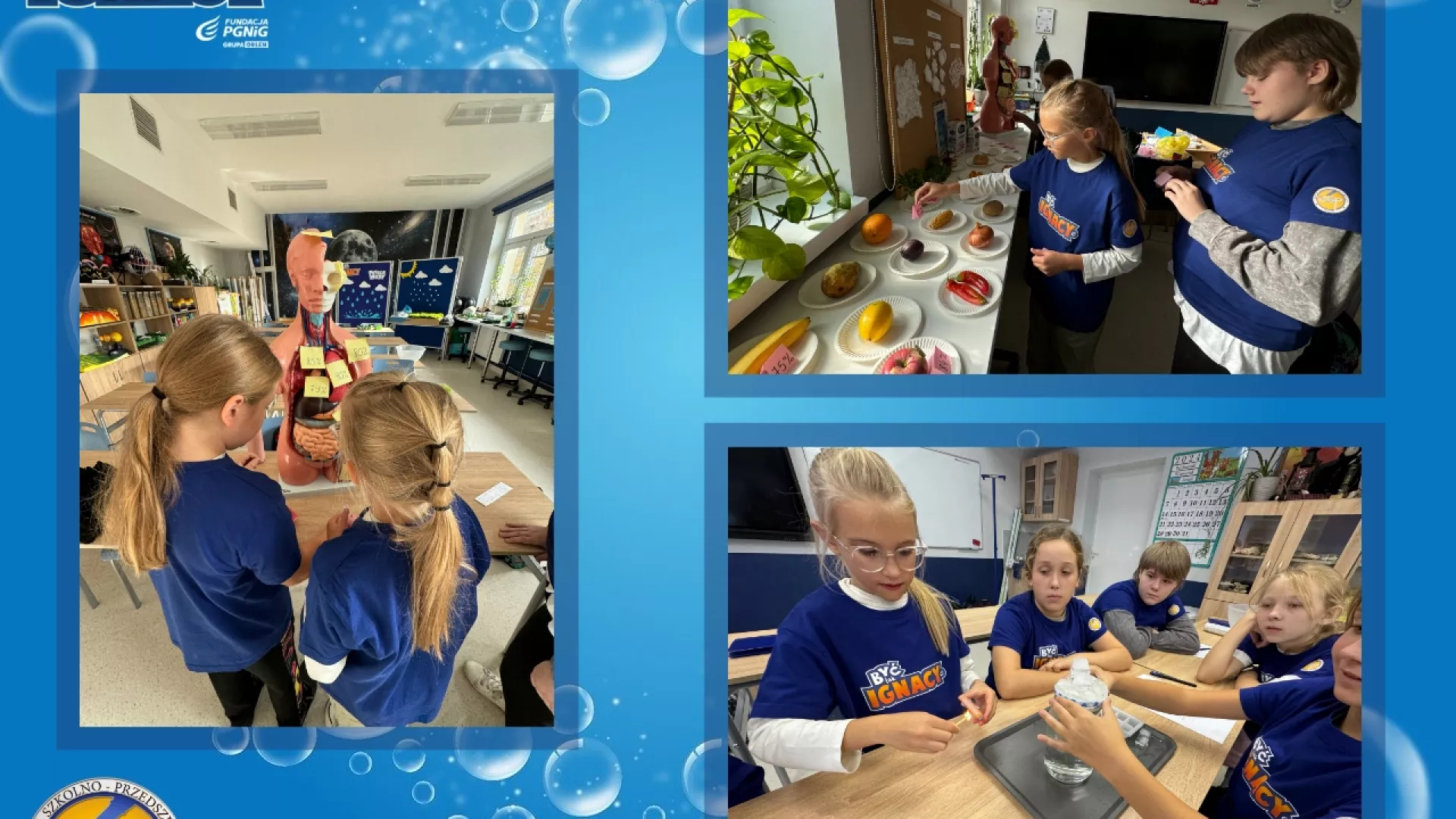 Kolaż trzech zdjęć na których uczniowie wykonują doświadczenia