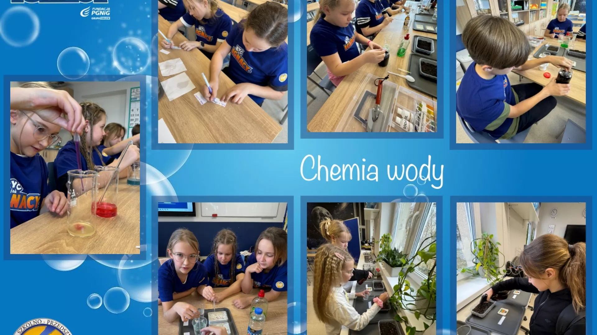 Kolaż 7 zdjęć uczniów wykonujących doświadczenia 4