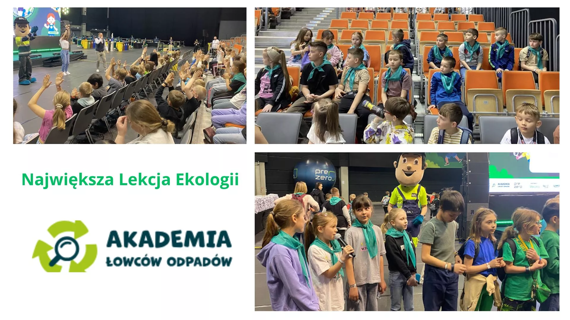 Kolaż zdjęć z podsumowania Programu Edukacyjnego Akademia Łowców Odpadów.