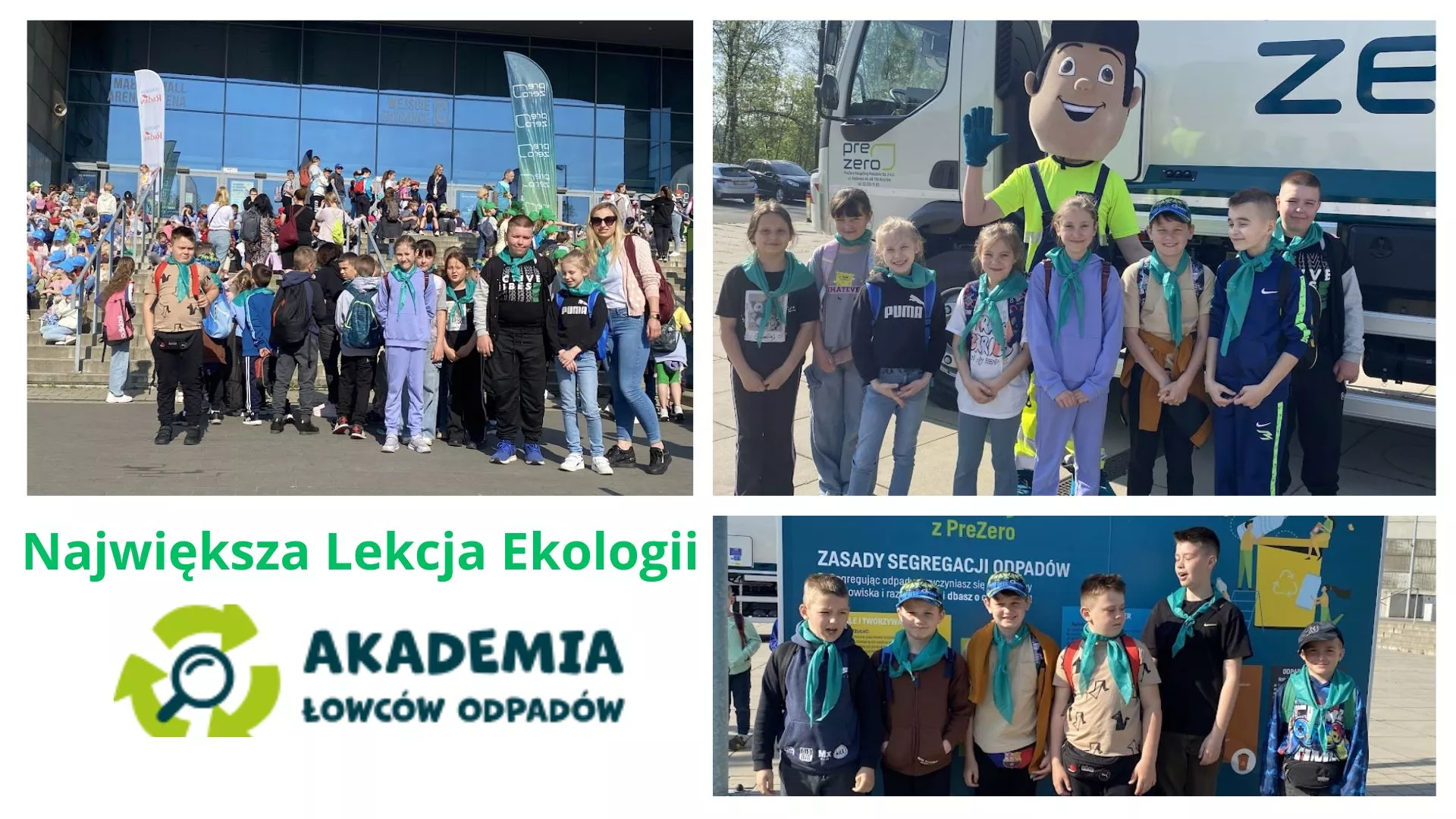 Kolaż zdjęć z podsumowania Programu Edukacyjnego Akademia Łowców Odpadów.