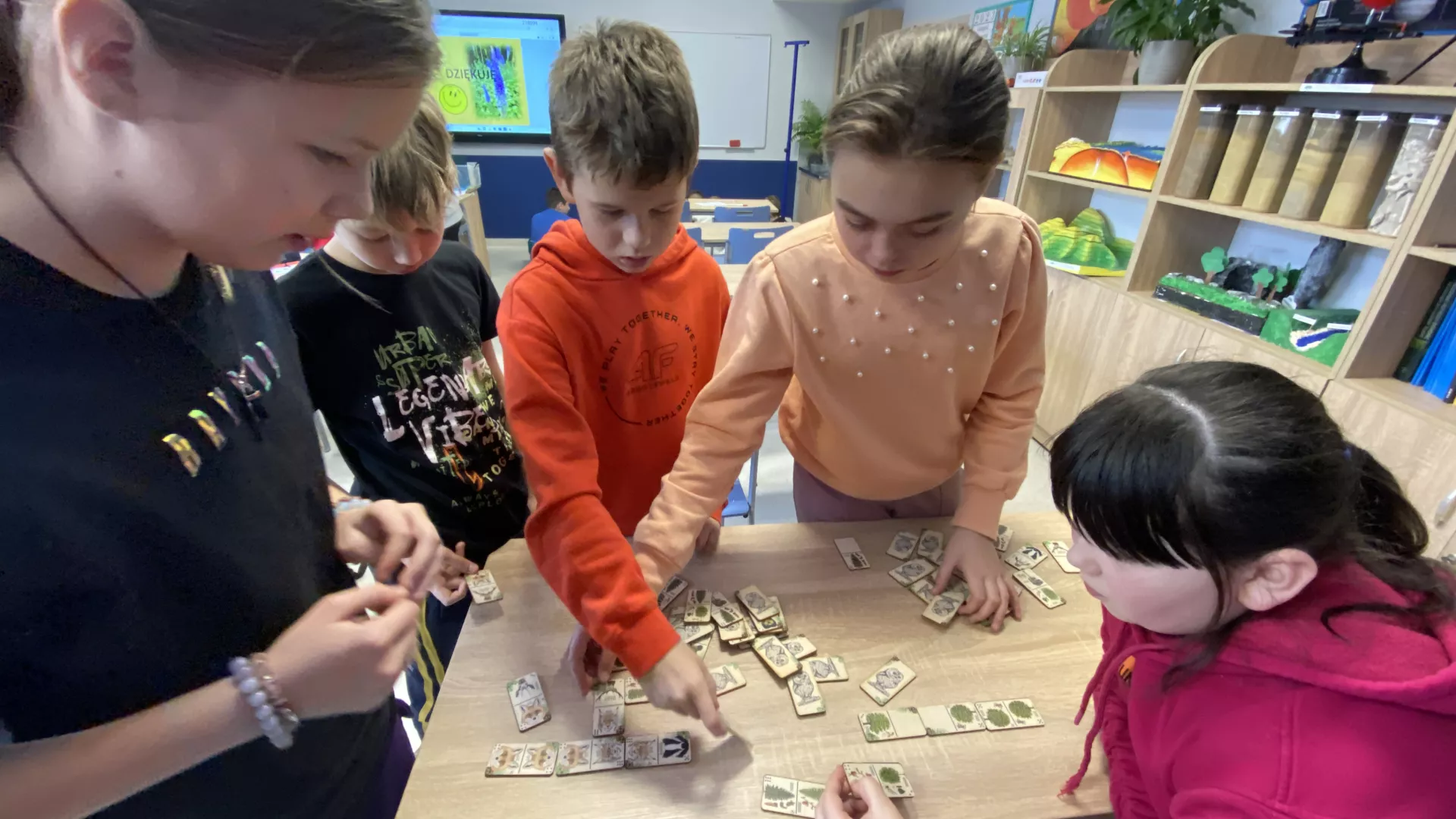 Warsztaty przyrodnicze - uczniowie układają domino