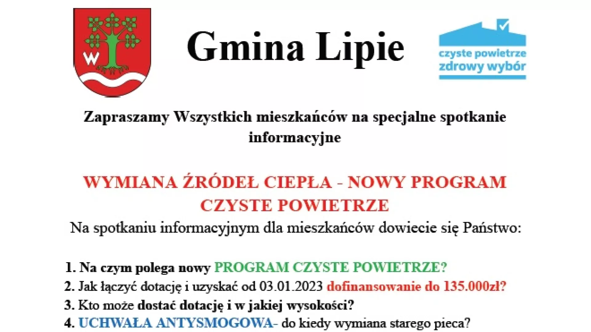 Plakat WYMIANA ŹRÓDEŁ CIEPŁA - NOWY PROGRAM CZYSTE POWIETRZE