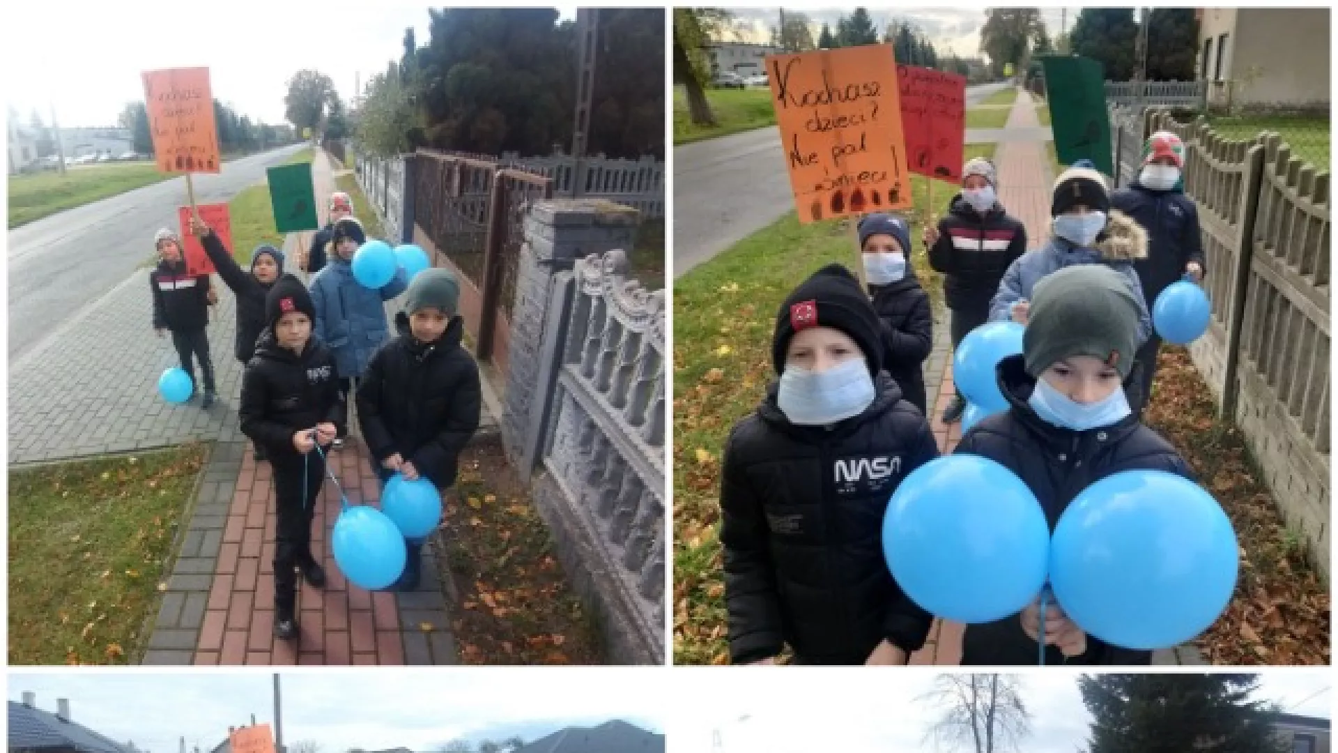 Kolaż zdjęć przedstawiających dzieci podczas happeningu na ulicy.
