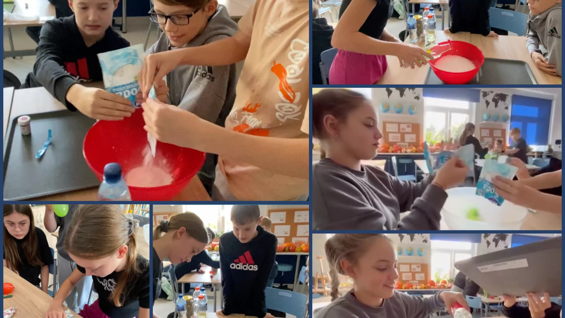 Kolaż pięciu zdjęć przedstawiających uczniów wykonujących eksperymenty.