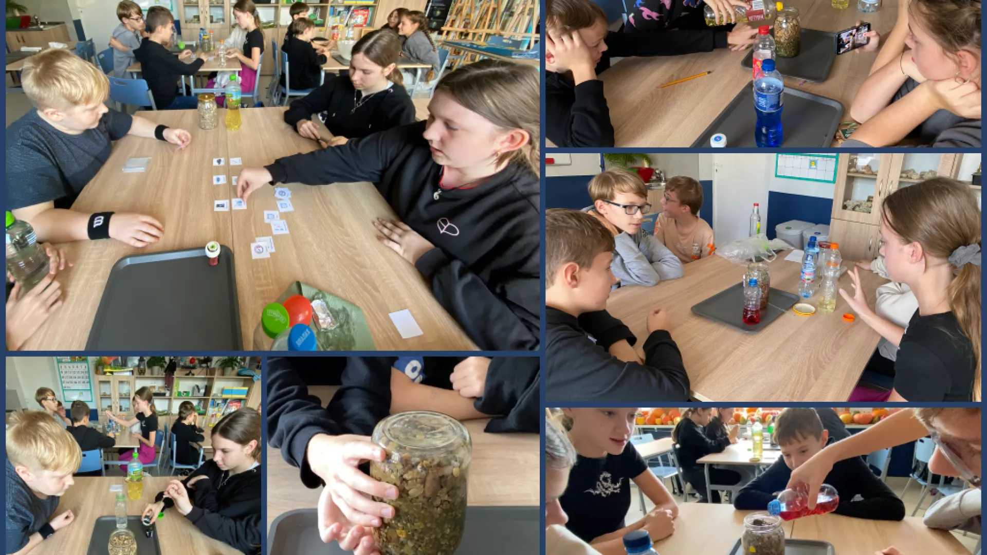 Kolaż pięciu zdjęć przedstawiających uczniów wykonujących eksperymenty.