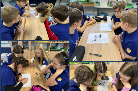 Kolaż czterech zdjęć przedstawiający uczniów uzupełniających karty pracy