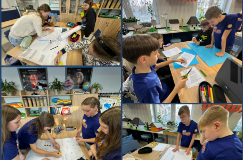 Kolaż czterech zdjęć przedstawiający uczniów wykonujących plakat reklamujący fotowoltaikę