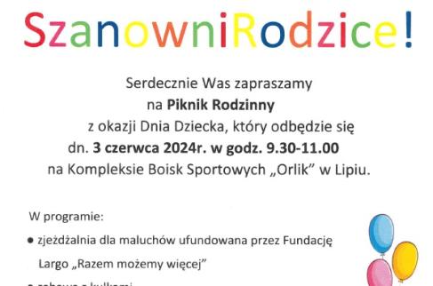 Piknik rodzinny z okazji Dnia Dziecka na Kompleksie Boisk Sportowych "Orlik" w Lipiu