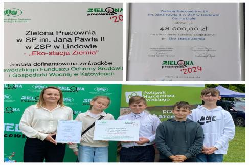 Kolaż przedstawiający wizerunki dokumentów informujących o przyznaniu dofinansowania oraz fotografię dyrektor szkoły i uczniów z tymi dokumentami na tle banerów reklamowych konkursu, z tymi dokumentami w ręku.