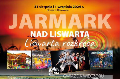 Na kolorowym tle napis Jarmark na Liswartą 