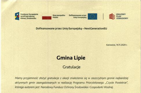 List gratulacyjny z WFOŚiGW w Katowicach.