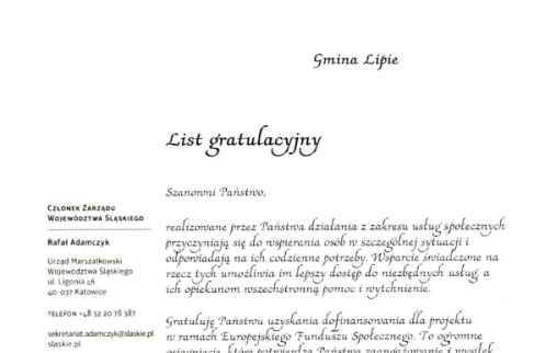 List gratulacyjny UMWŚ dla Gminy Lipie.