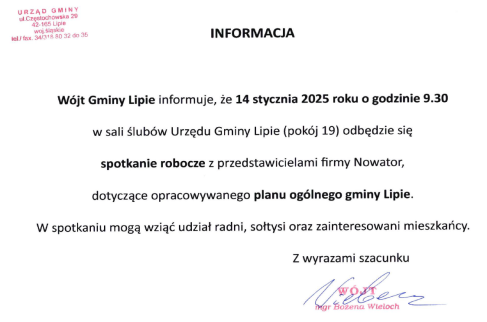 Informacja Wójta Gminy Lipie