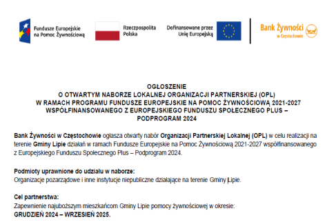 Logotypy: Fundusze Europejskie na Pomoc Żywnościową, Rzeczpospolita Polska, Unia Europejska, Bank Żywności.  Kolorowe w wersji poziomej. 