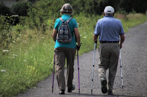 Seniorzy uprawiający nordic walking.