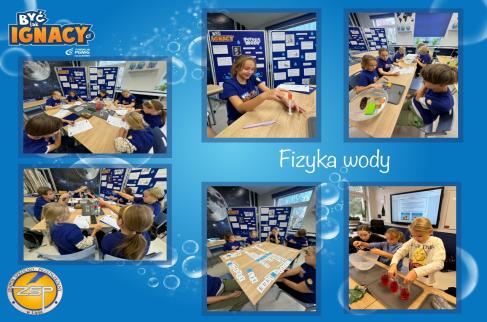 Kolaż 6 zdjęć uczniów wykonujących doświadczenia