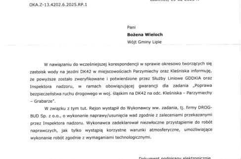 Pismo GDDKiA do Wójta Gminy Lipie.