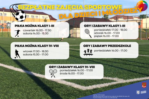 Harmonogram bezpłatnych zajęć sportowych dla dzieci i młodzieży na Orliku w Lipiu.