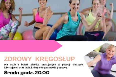 Plakat zapraszający na zajęcia Zdrowy Kręgosłup, Aktywny Senior oraz Siła, Kondycja i Forma.