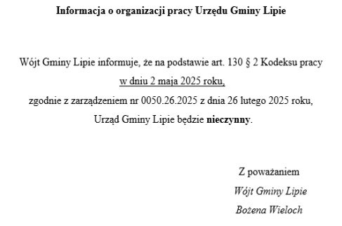 Informacja o organizacji pracy Urzędu Gminy Lipie
