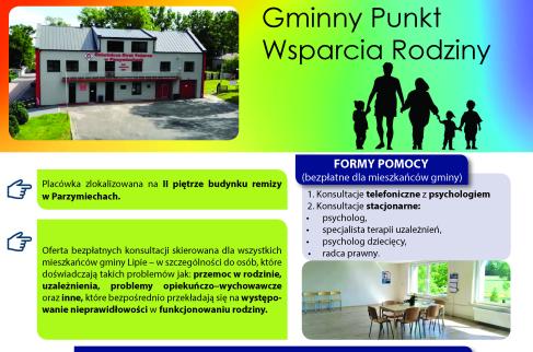 Zdjęcie przedstawia informacje dotyczące funkcjonowania oraz harmonogram pracy Gminnego Punktu Wsparcia Rodziny