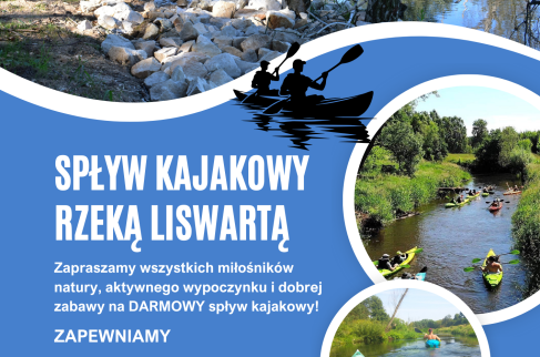 plakat dotyczący darmowego spływu kajakowego Liswartą